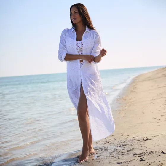 Women's Petite Eyelet Button Down Maxi Cover-up Dress - primary