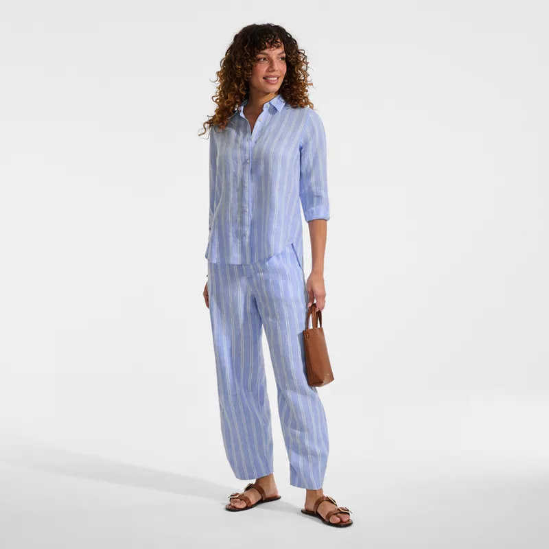 Women's Linen High Rise Pleated Barrel Leg Ankle Pants, alternative image