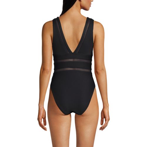 Women's Mesh Ribbed Plunge High Leg One Piece Swimsuit, Back