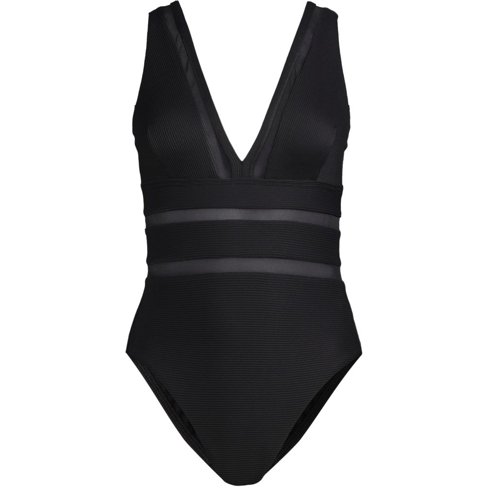 Women's Mesh Ribbed Plunge High Leg One Piece Swimsuit