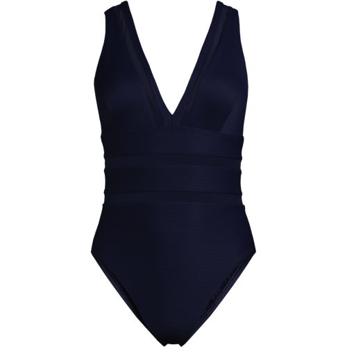 Women's Mesh Ribbed Plunge High Leg One Piece Swimsuit