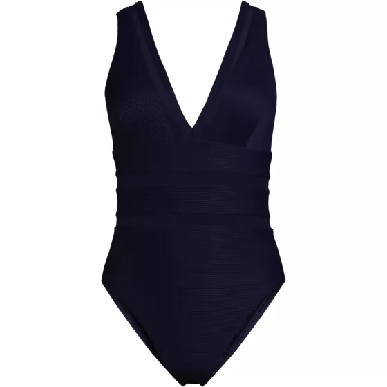 Women's Long Mesh Ribbed Plunge High Leg One Piece Swimsuit - primary