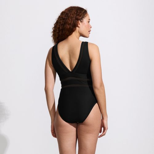 Women's Mesh Ribbed Plunge High Leg One Piece Swimsuit, Back