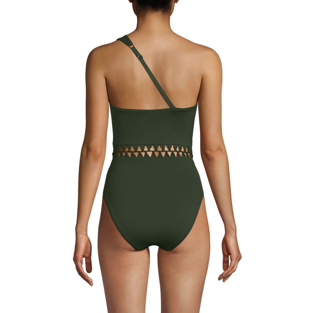 Women's Macrame One Shoulder High Leg One Piece Swimsuit | Lands' End