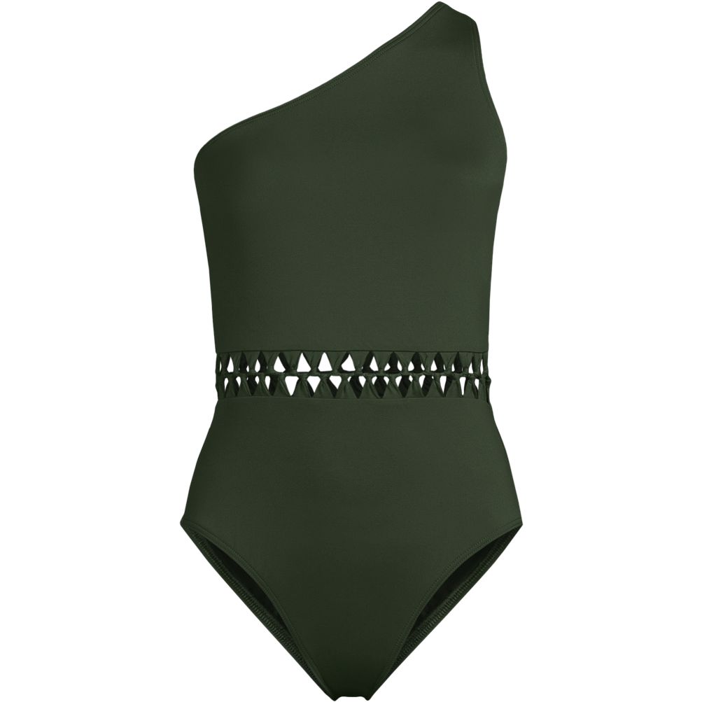 Women's Macrame One Shoulder High Leg One Piece Swimsuit | Lands' End