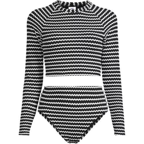 Women's Crochet Long Sleeve Bikini Top and High Waisted Bottoms Swimsuit Set, Front