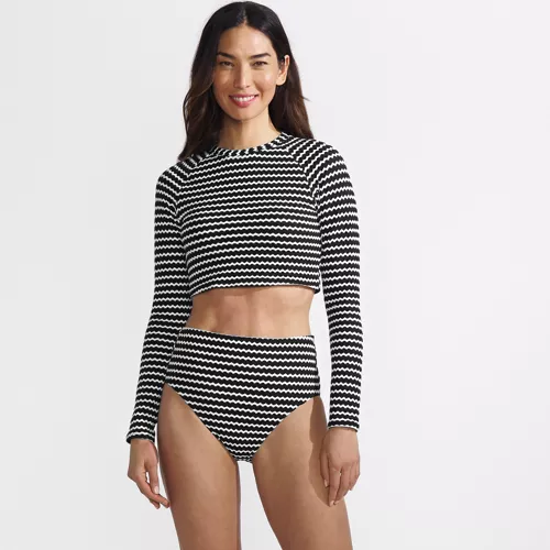 Women's Crochet Long Sleeve Bikini Top and High Waisted Bottoms Swimsuit Set, Front