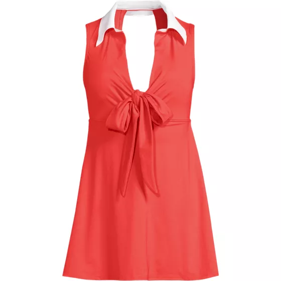 Women's Polo Collar Tie Front Swim Dress Swimsuit - primary