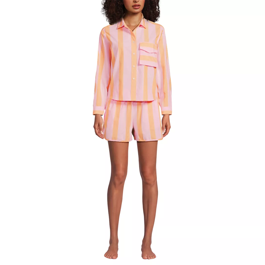 Women's Cotton Poplin 2 Piece Pajama Set - Long Sleeve Top and Shorts with Piping