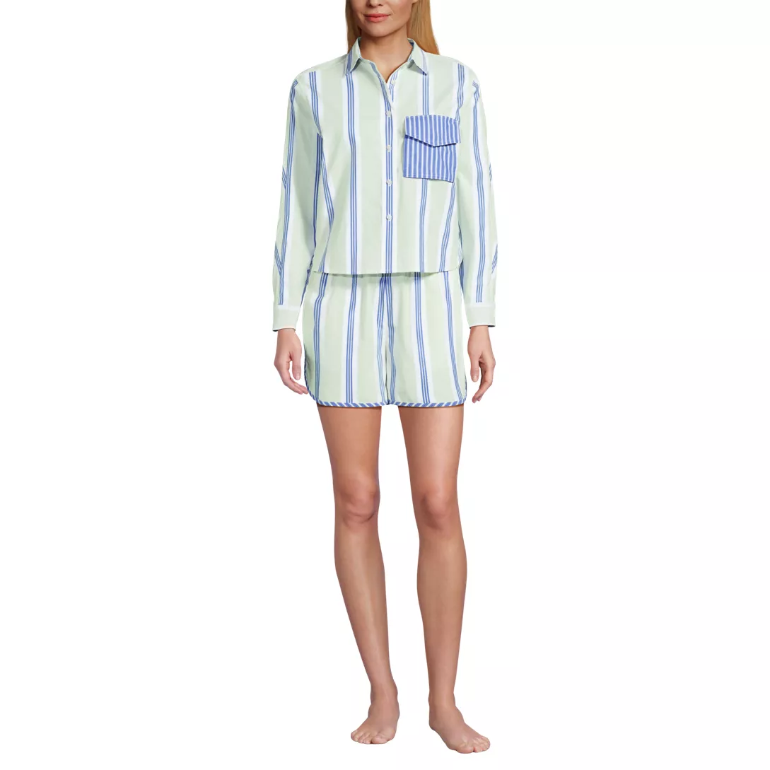 Women's Cotton Poplin 2 Piece Pajama Set - Long Sleeve Top and Shorts with Piping