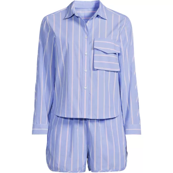 Women's Cotton Poplin 2 Piece Pajama Set - Long Sleeve Top and Shorts with Piping - primary