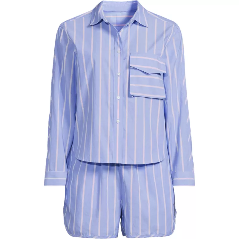 Women's Cotton Poplin 2 Piece Pajama Set - Long Sleeve Top and Shorts with Piping, Front