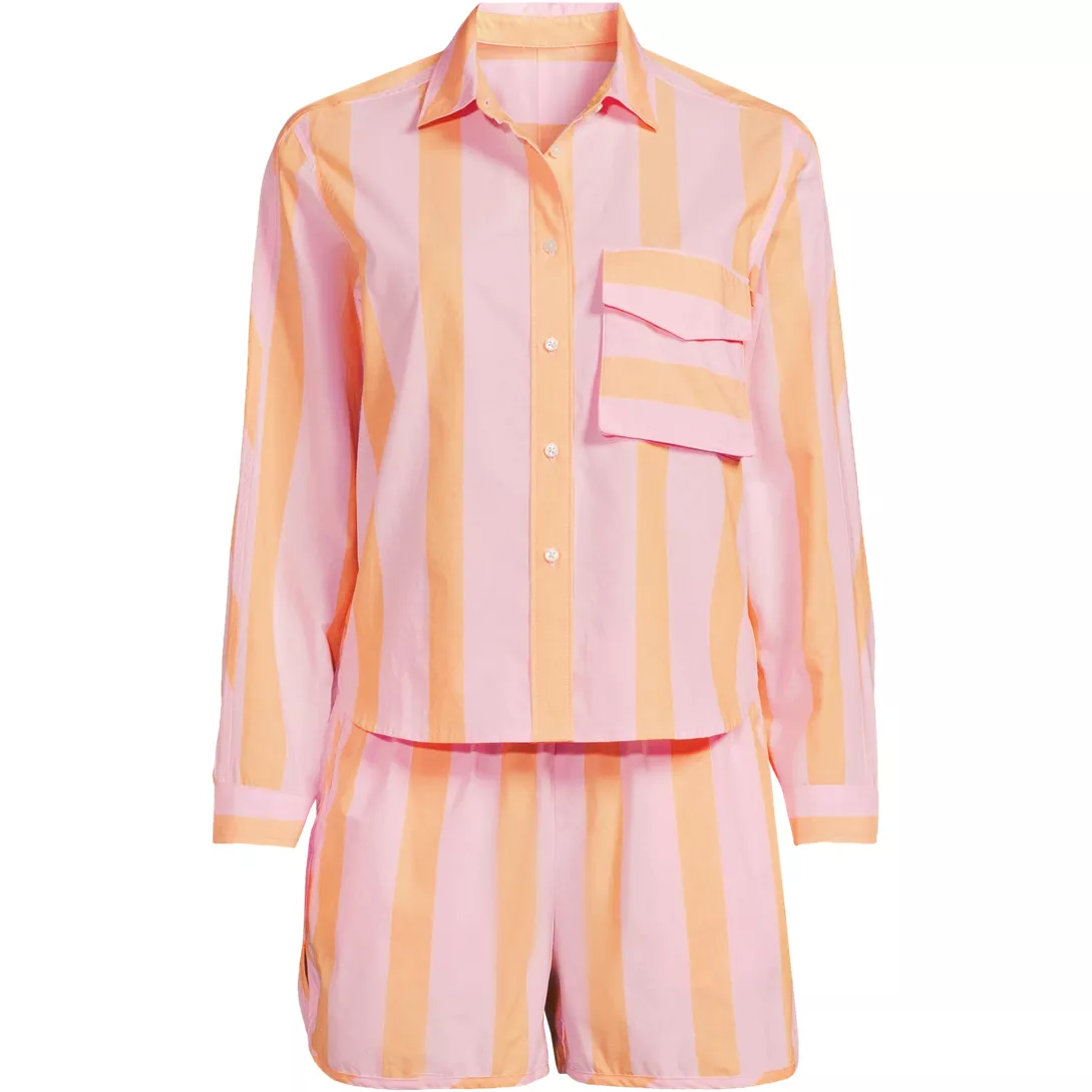 Women's Cotton Poplin 2 Piece Pajama Set - Long Sleeve Top and Shorts with Piping
