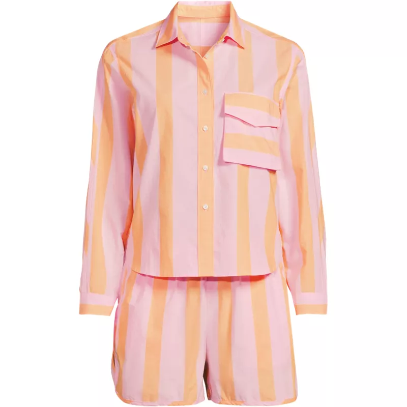 Women's Plus Size Cotton Poplin 2 Piece Pajama Set - Long Sleeve Top and Shorts with Piping, Front