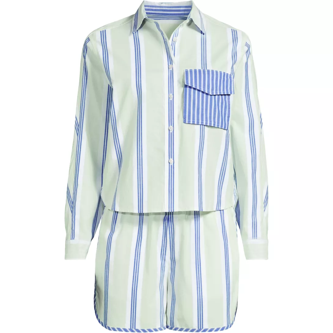 Women's Cotton Poplin 2 Piece Pajama Set - Long Sleeve Top and Shorts with Piping