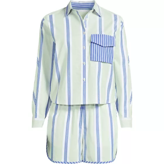 Women's Cotton Poplin 2 Piece Pajama Set - Long Sleeve Top and Shorts with Piping - primary