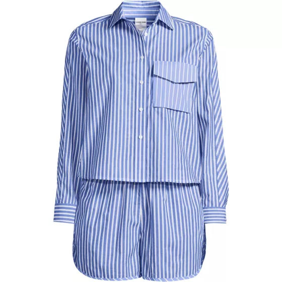 Women's Cotton Poplin 2 Piece Pajama Set - Long Sleeve Top and Shorts with Piping - primary