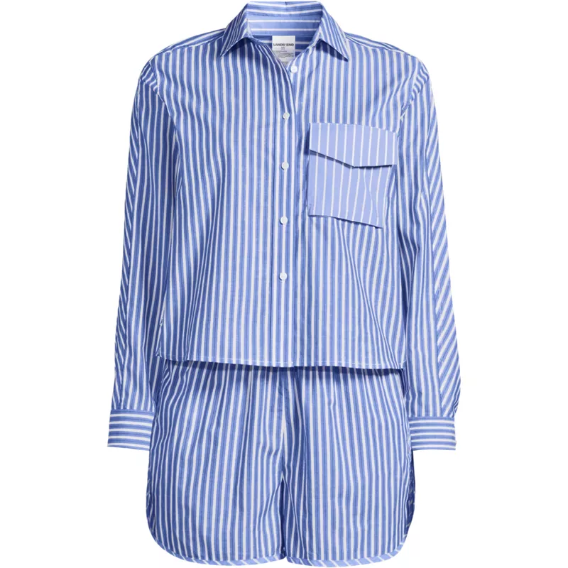 Women's Plus Size Cotton Poplin 2 Piece Pajama Set - Long Sleeve Top and Shorts with Piping, Front