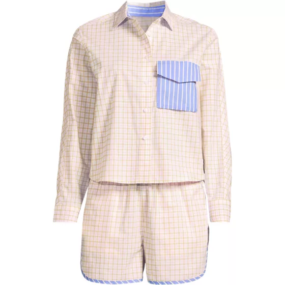 Women's Cotton Poplin 2 Piece Pajama Set - Long Sleeve Top and Shorts with Piping - primary
