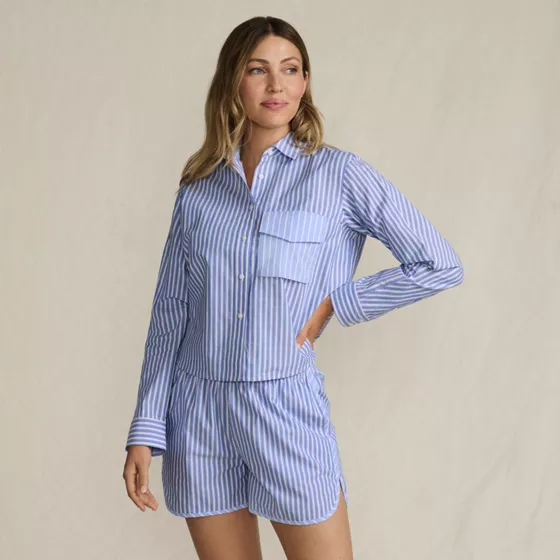 Women's Cotton Poplin 2 Piece Pajama Set - Long Sleeve Top and Shorts with Piping - primary