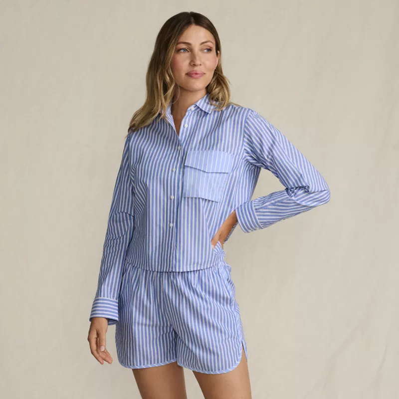 Women's Cotton Poplin 2 Piece Pajama Set - Long Sleeve Top and Shorts with Piping, alternative image
