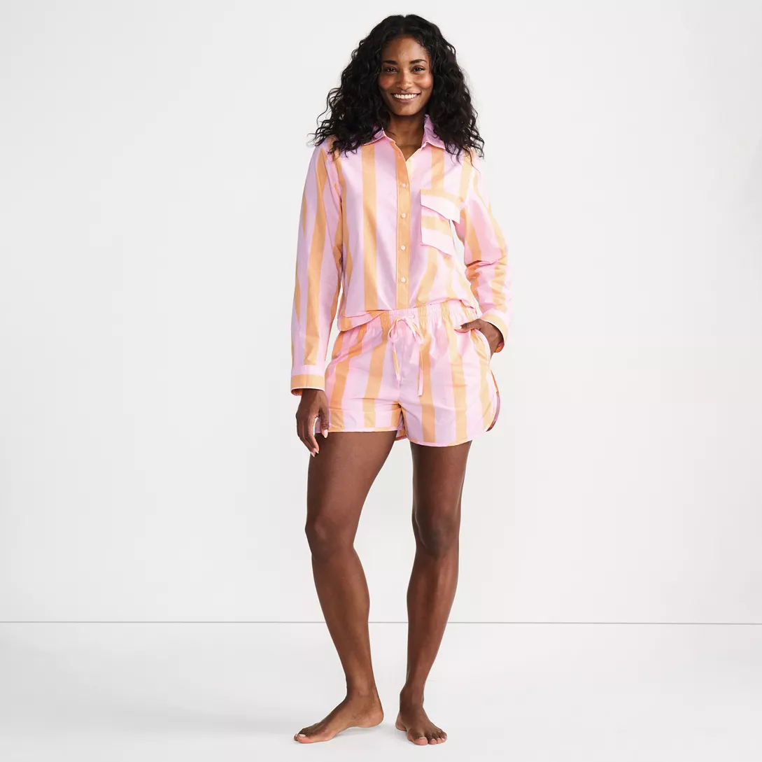 Women's Cotton Poplin 2 Piece Pajama Set - Long Sleeve Top and Shorts with Piping