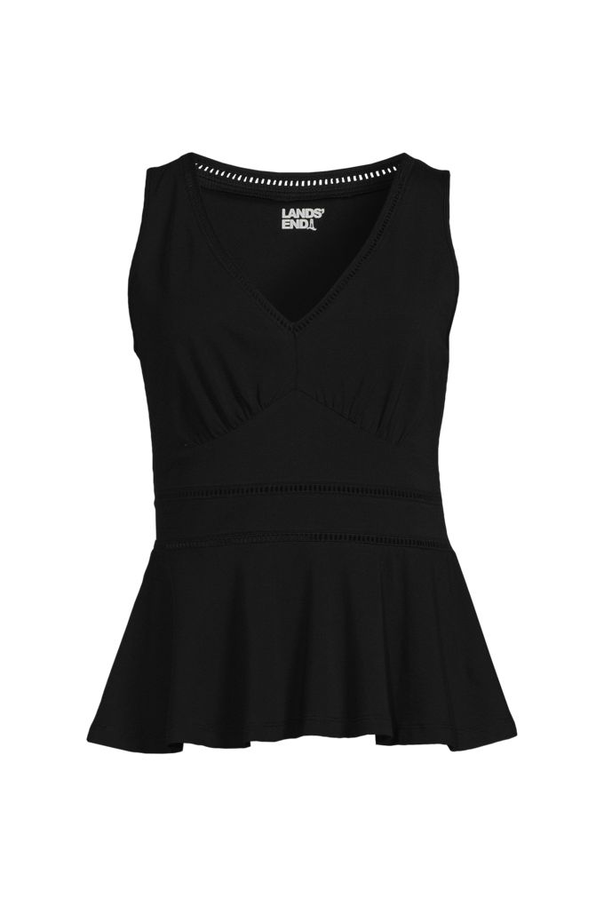 Lands' End Women's Lightweight Jersey Peplum V-neck Tank Top In Black