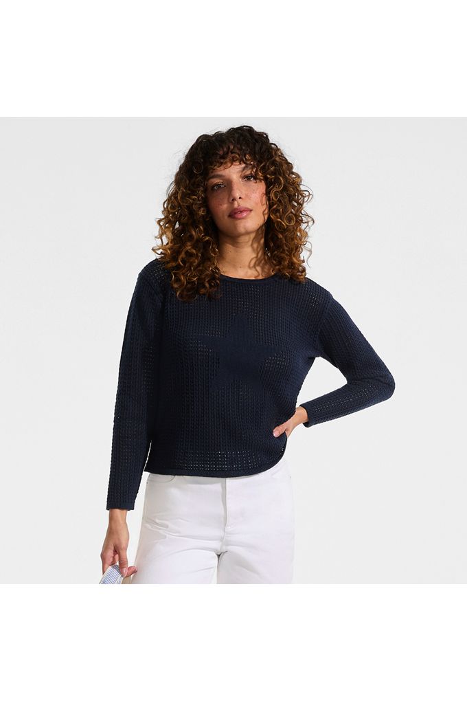 Women's Cotton Viscose Mesh Jacquard Crew Neck Sweater - Lands' End - Blue - S