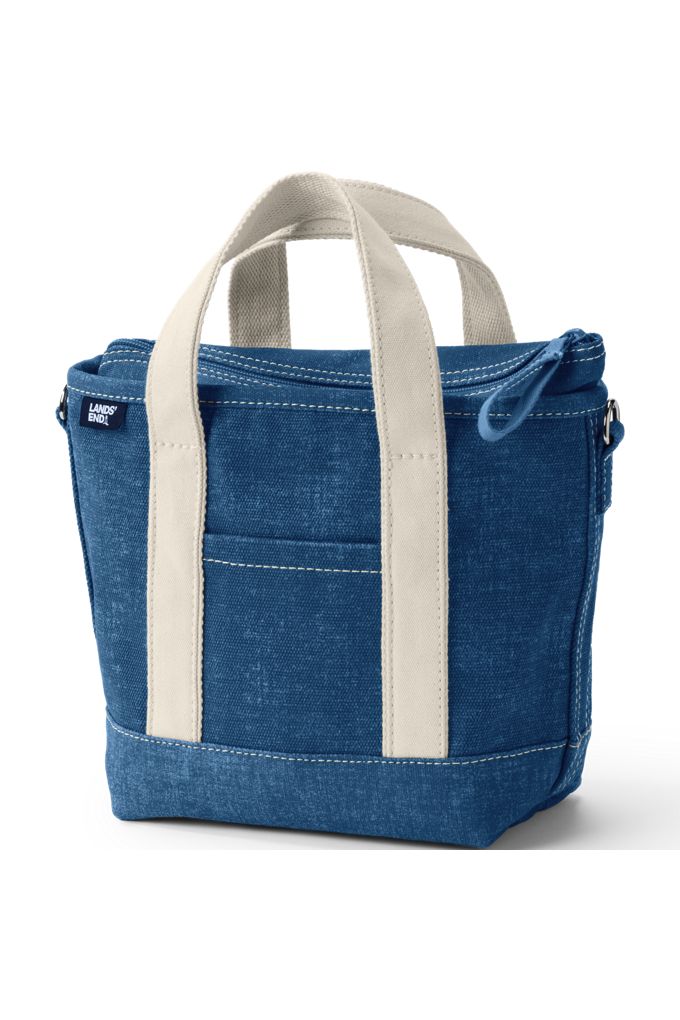 Small Solid Color 3 Pocket Zip Top Canvas Tote Bag - Lands' End - Blue
