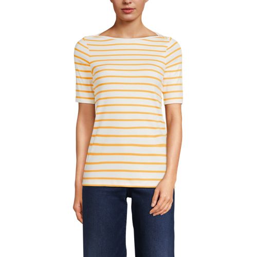 Women's Supima Cotton Elbow Sleeve Boatneck Button Shoulder Tee, Front