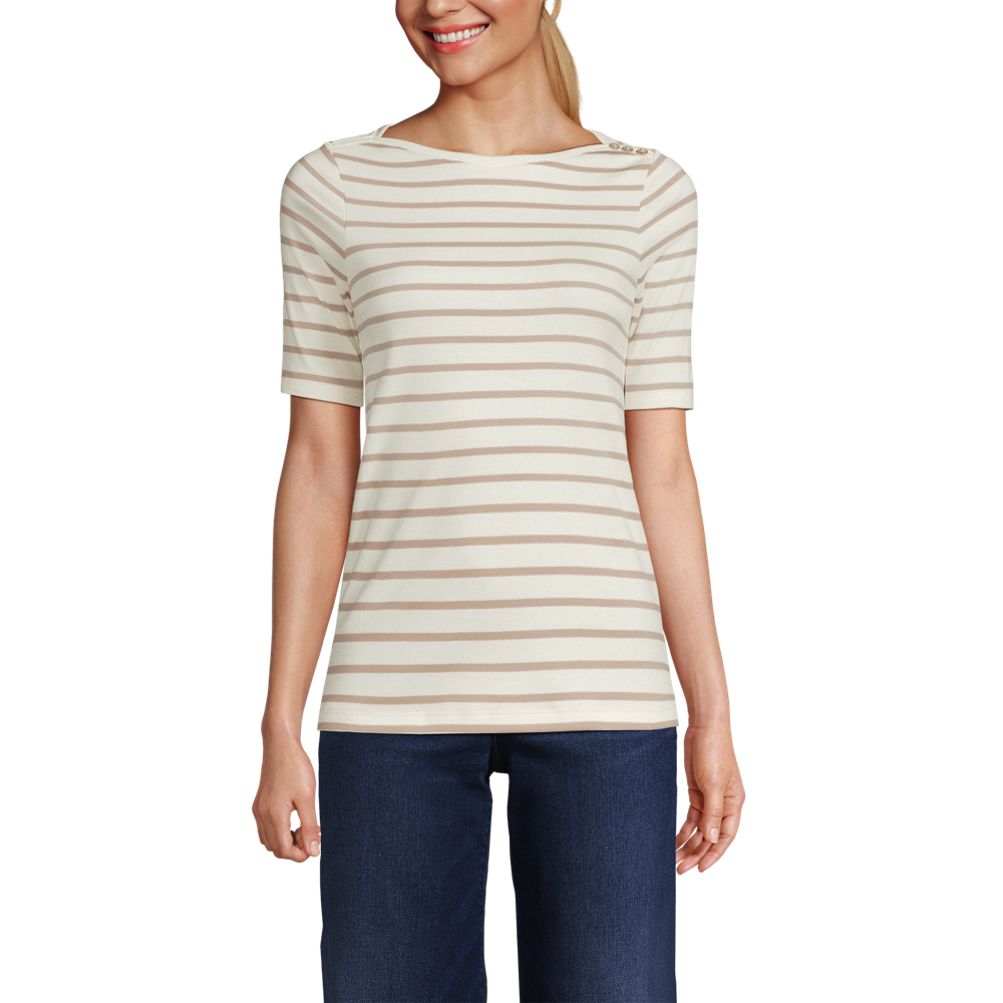 Women's Supima Cotton Elbow Sleeve Boatneck Button Shoulder Tee