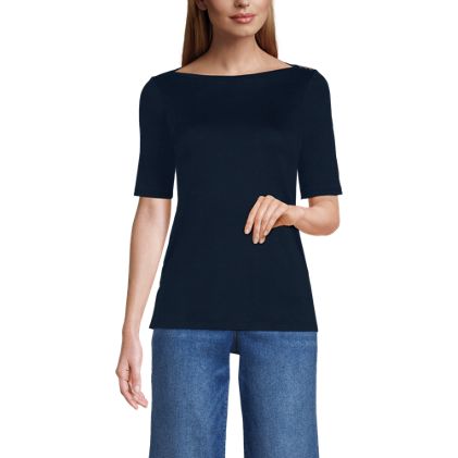 Women's Supima Cotton Elbow Sleeve Boatneck Button Shoulder Tee - image 4