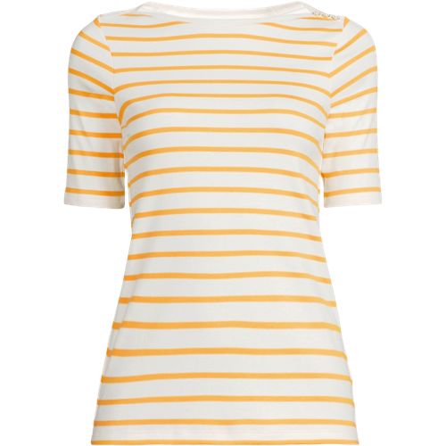 Women's Supima Cotton Elbow Sleeve Boatneck Button Shoulder Tee, Front