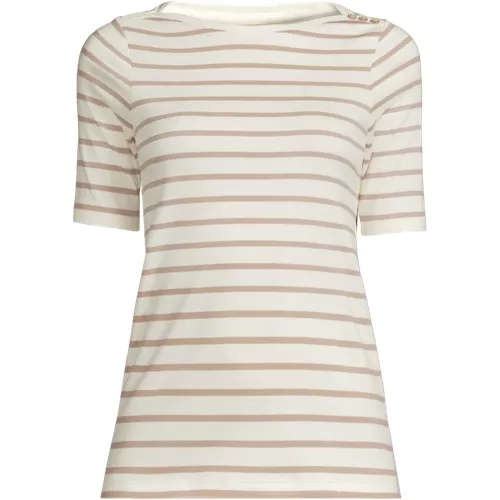 Women's Supima Cotton Elbow Sleeve Boatneck Button Shoulder Tee, Front