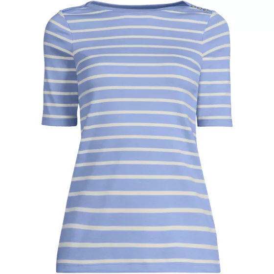 Women's Supima Cotton Elbow Sleeve Boatneck Button Shoulder Tee - primary