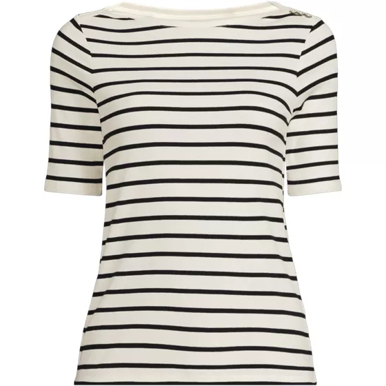 Women's Supima Cotton Elbow Sleeve Boatneck Button Shoulder Tee - primary