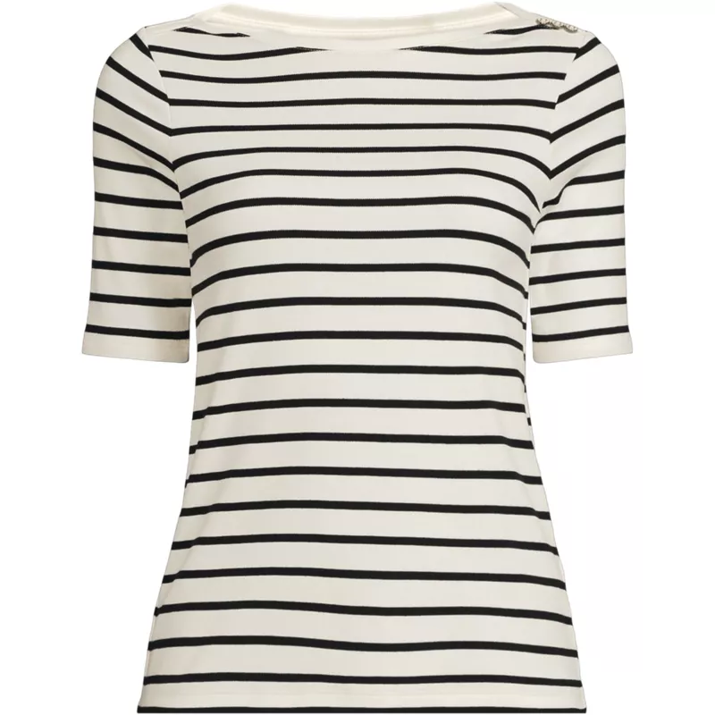 Women's Supima Cotton Elbow Sleeve Boatneck Button Shoulder Tee, Front