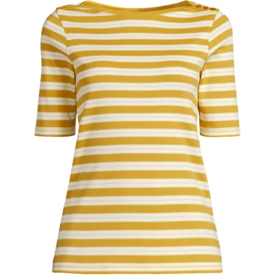 Women's Supima Cotton Elbow Sleeve Boatneck Button Shoulder Tee - primary