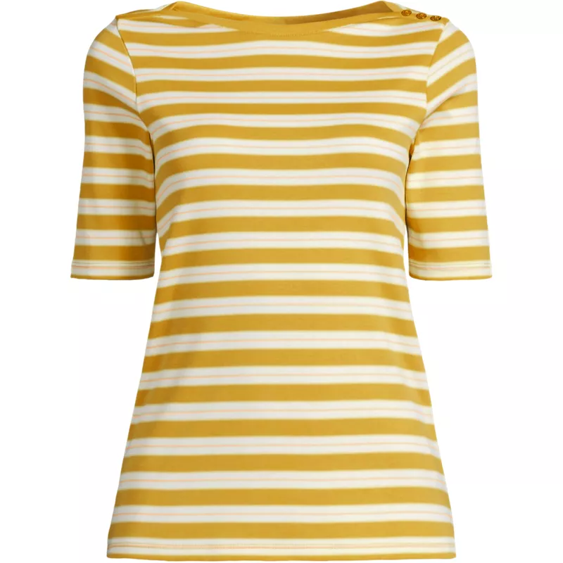 Women's Supima Cotton Elbow Sleeve Boatneck Button Shoulder Tee, Front