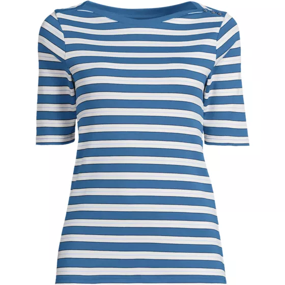 Women's Supima Cotton Elbow Sleeve Boatneck Button Shoulder Tee - primary