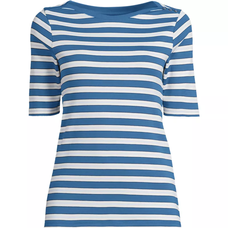 Women's Supima Cotton Elbow Sleeve Boatneck Button Shoulder Tee, Front