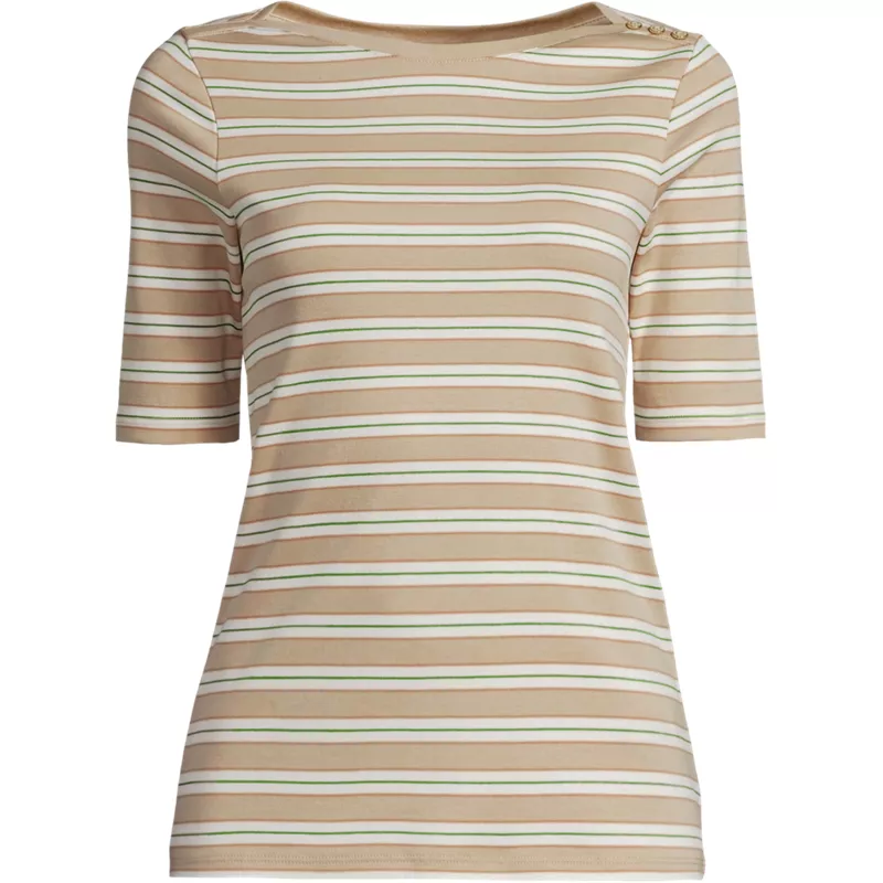Women's Plus Size Supima Cotton Elbow Sleeve Boatneck Button Shoulder Tee, Front