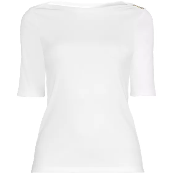 Women's Petite Supima Cotton Elbow Sleeve Boatneck Button Shoulder Tee - primary