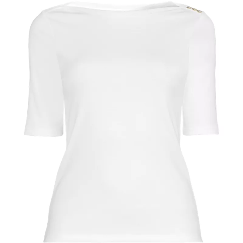 Women's Supima Cotton Elbow Sleeve Boatneck Button Shoulder Tee, Front