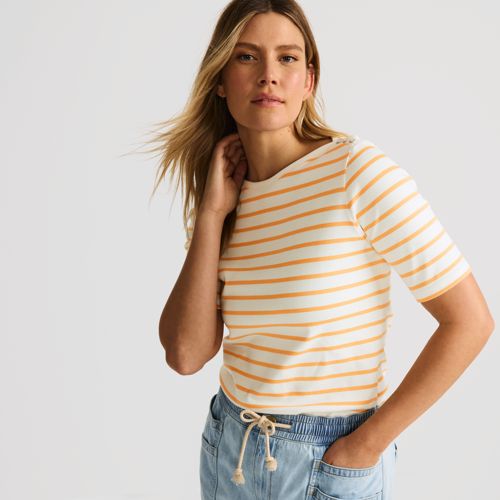 Women's Supima Cotton Elbow Sleeve Boatneck Button Shoulder Tee, alternative image