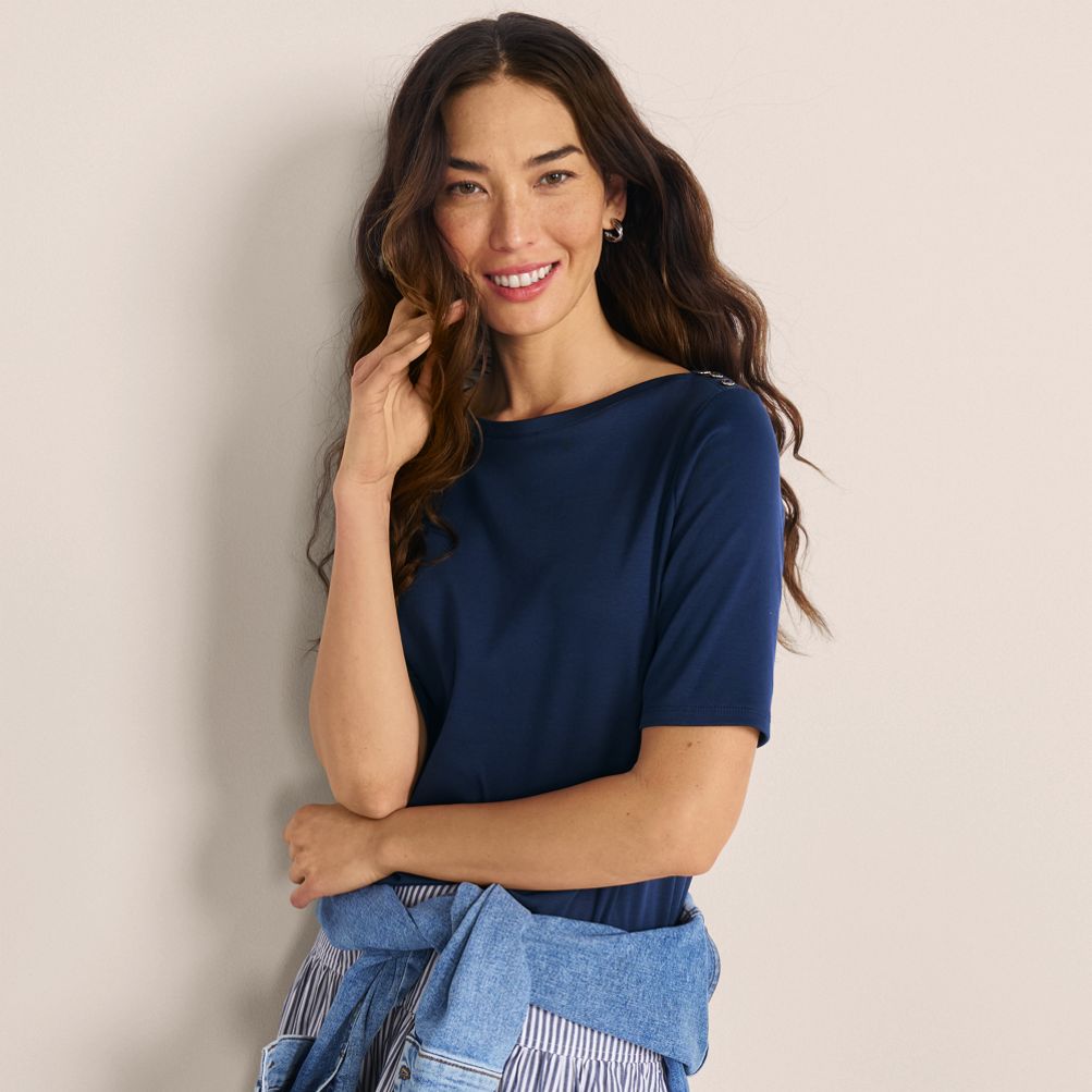 Women's Supima Cotton Elbow Sleeve Boatneck Button Shoulder Tee
