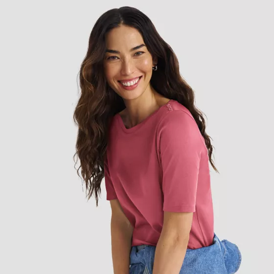Women's Supima Cotton Elbow Sleeve Boatneck Button Shoulder Tee - primary