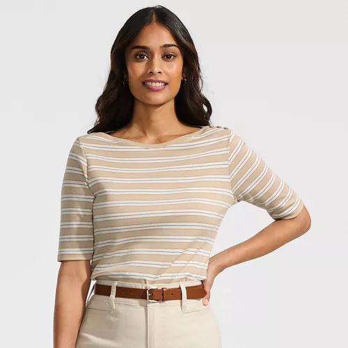 Women's Supima Cotton Elbow Sleeve Boatneck Button Shoulder Tee, alternative image