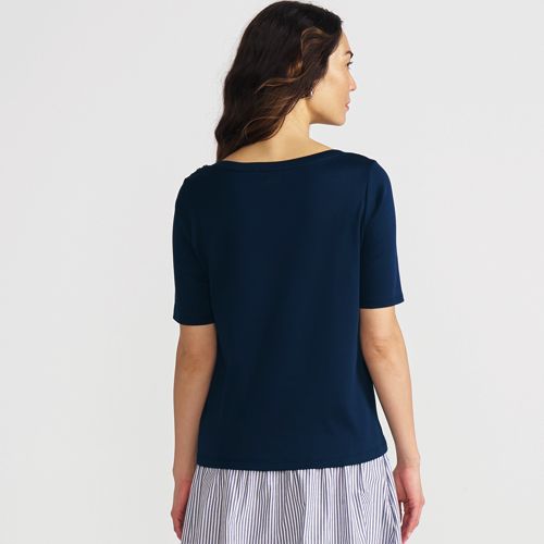 Women's Supima Cotton Elbow Sleeve Boatneck Button Shoulder Tee, Back