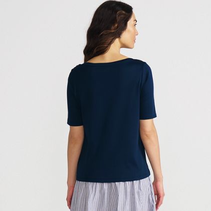 Women's Supima Cotton Elbow Sleeve Boatneck Button Shoulder Tee - image 1